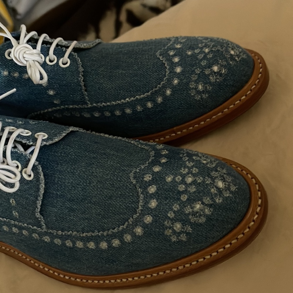 Blue denim Oxfords, Wing Tip lace front.  Leather soles.